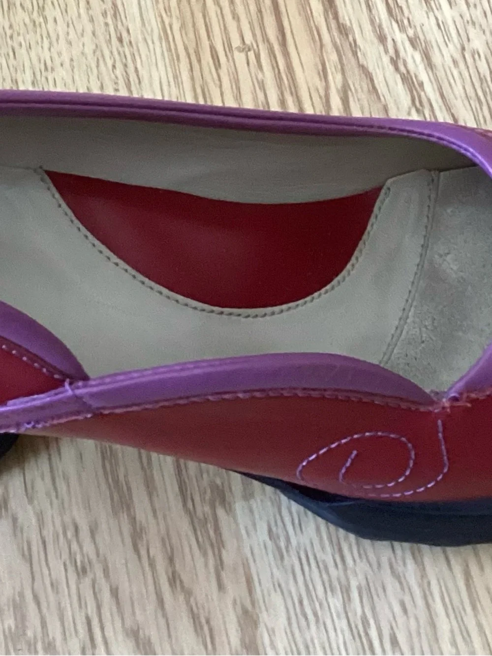 John Fluevog Red Leather Pumps With Purple Trim, Size 12, Spool Heel